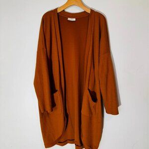 Rust Orange Open-Front Knit Cardigan with Pockets